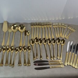 54 Piece Towle Abbey Shell Gold Plated Stainless Silverware JAPAN Complete
